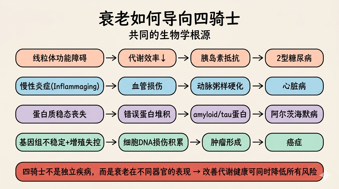 衰老如何导向四骑士：四条因果链