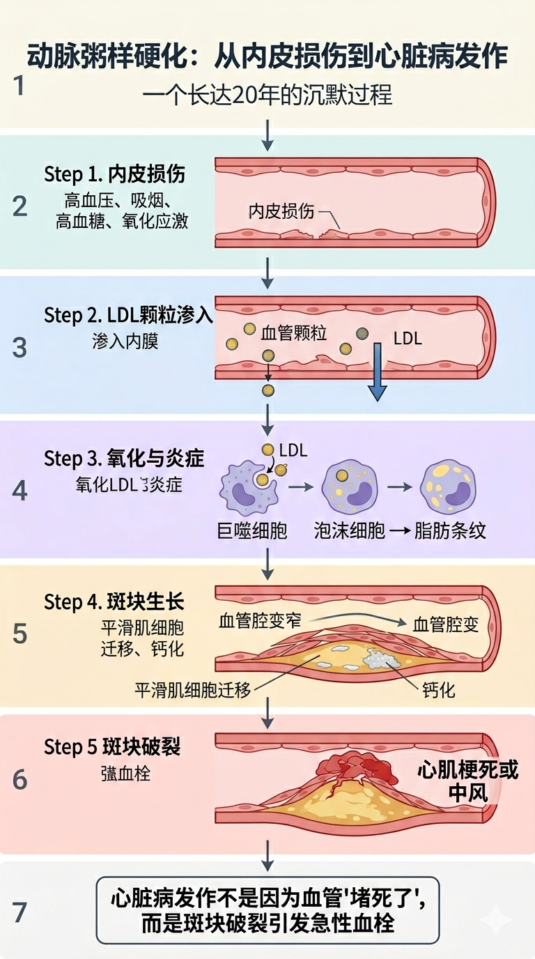 动脉粥样硬化：从内皮损伤到心脏病发作