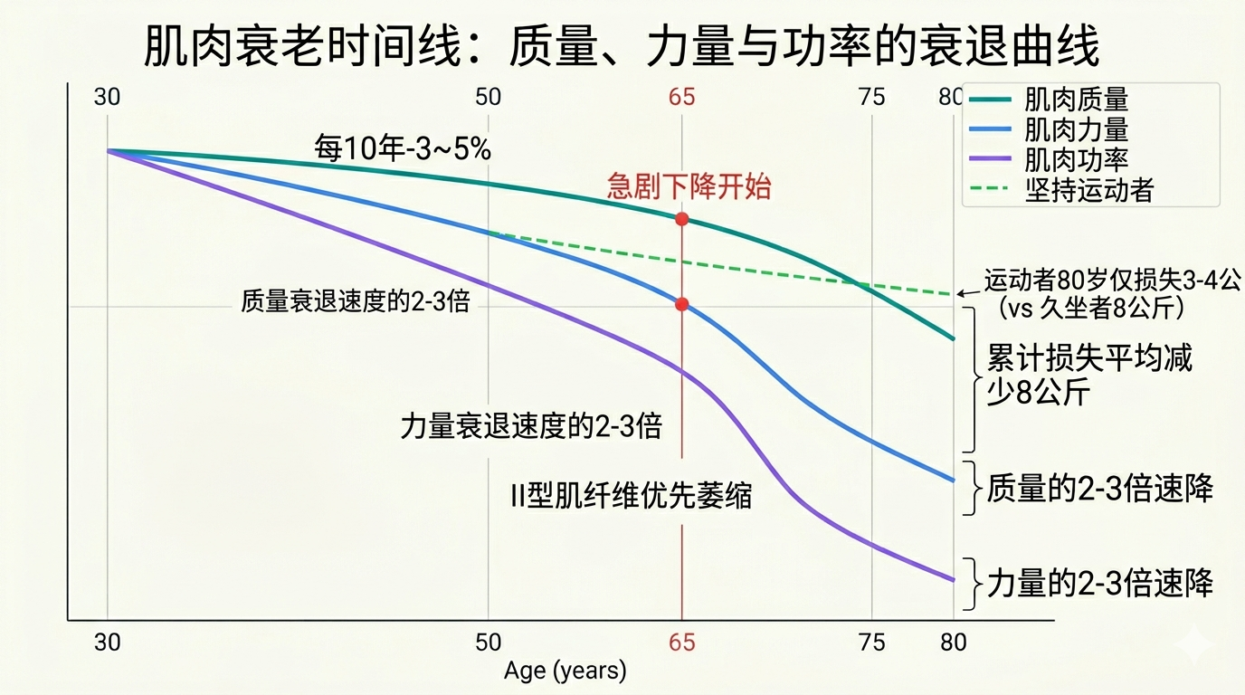 肌肉衰老时间线：质量、力量与功率的衰退曲线