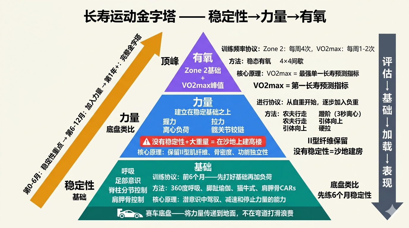 长寿运动金字塔：稳定性→力量→有氧