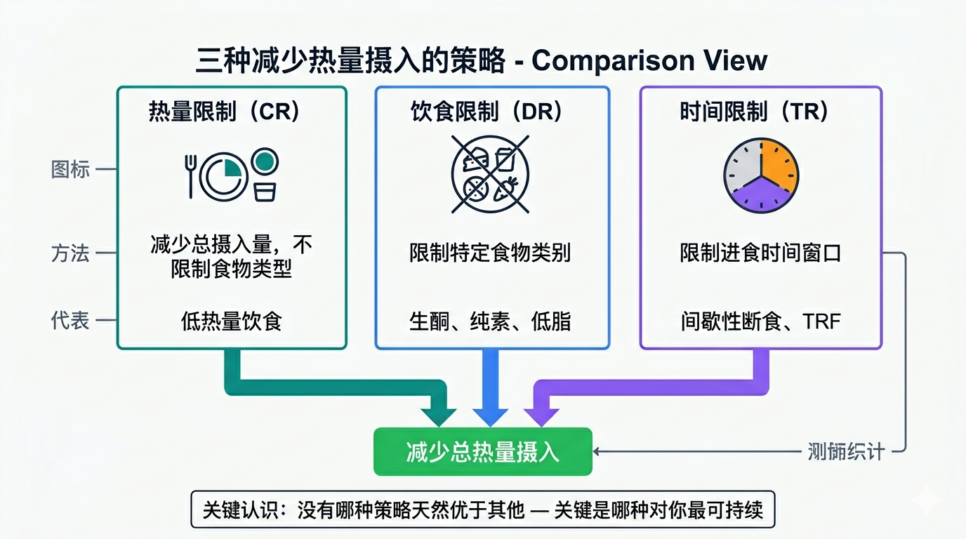 三种减少热量摄入策略对比