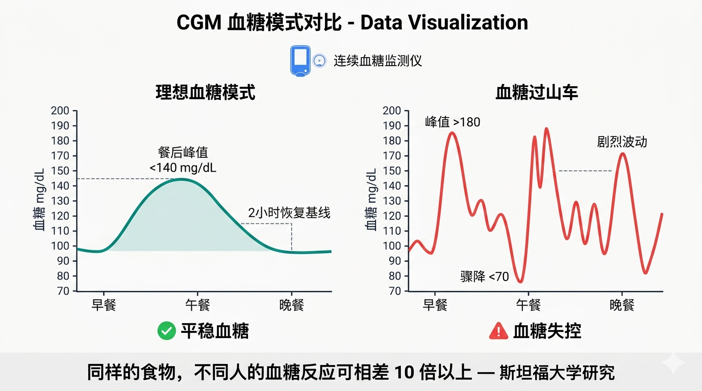 CGM 血糖模式对比：理想 vs 血糖过山车