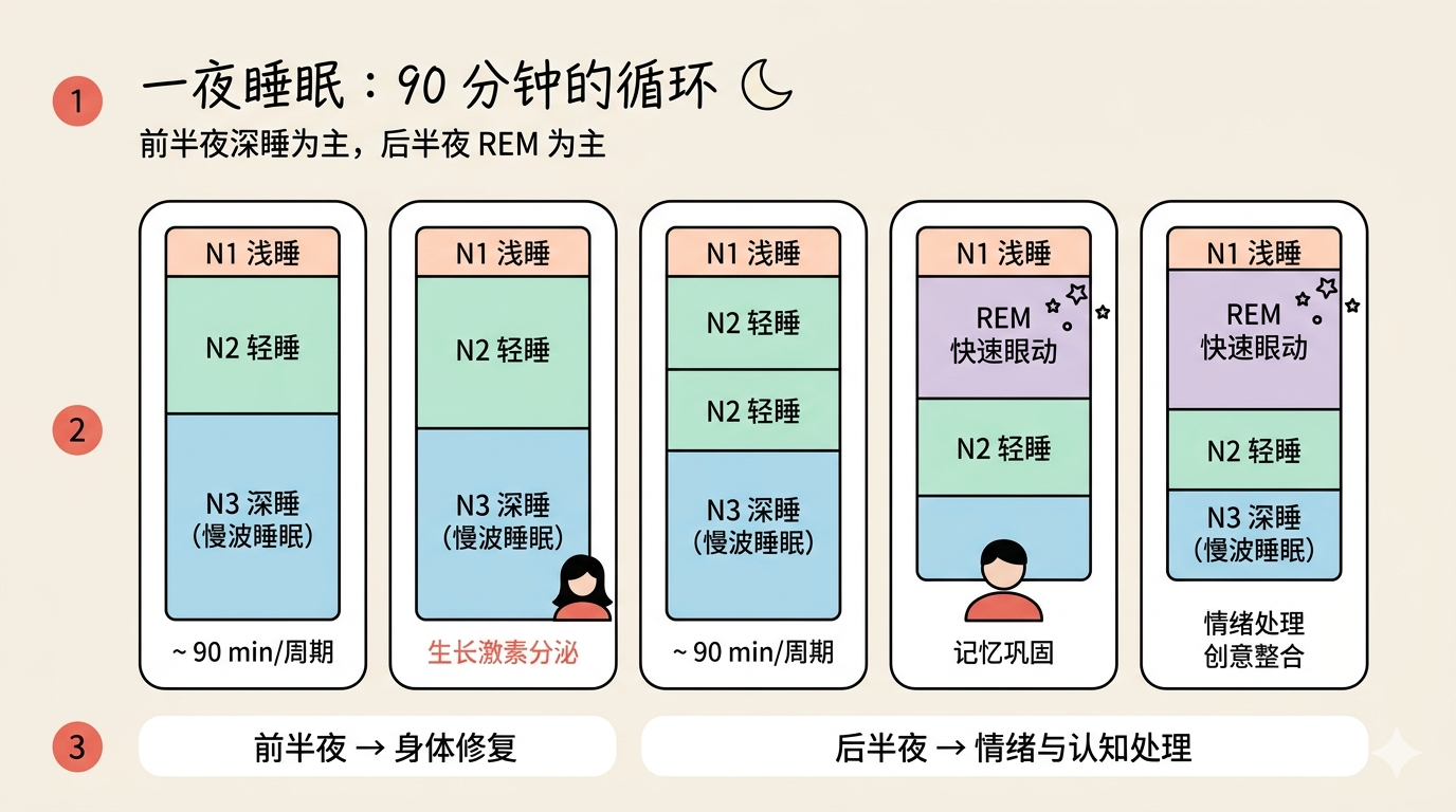 睡眠阶段与一夜循环：前半夜深睡为主，后半夜REM为主