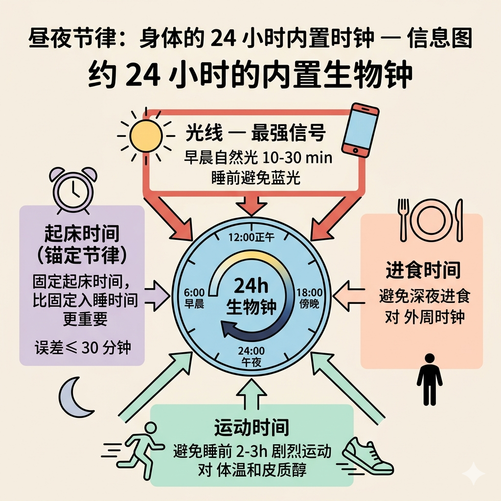 昼夜节律：四大影响因素与24小时生物钟